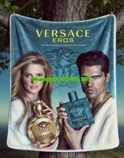 Versace Eros Perfume Print Flannel Throw Blanket Teal Blue and Gold Medusa Design IMG_1610